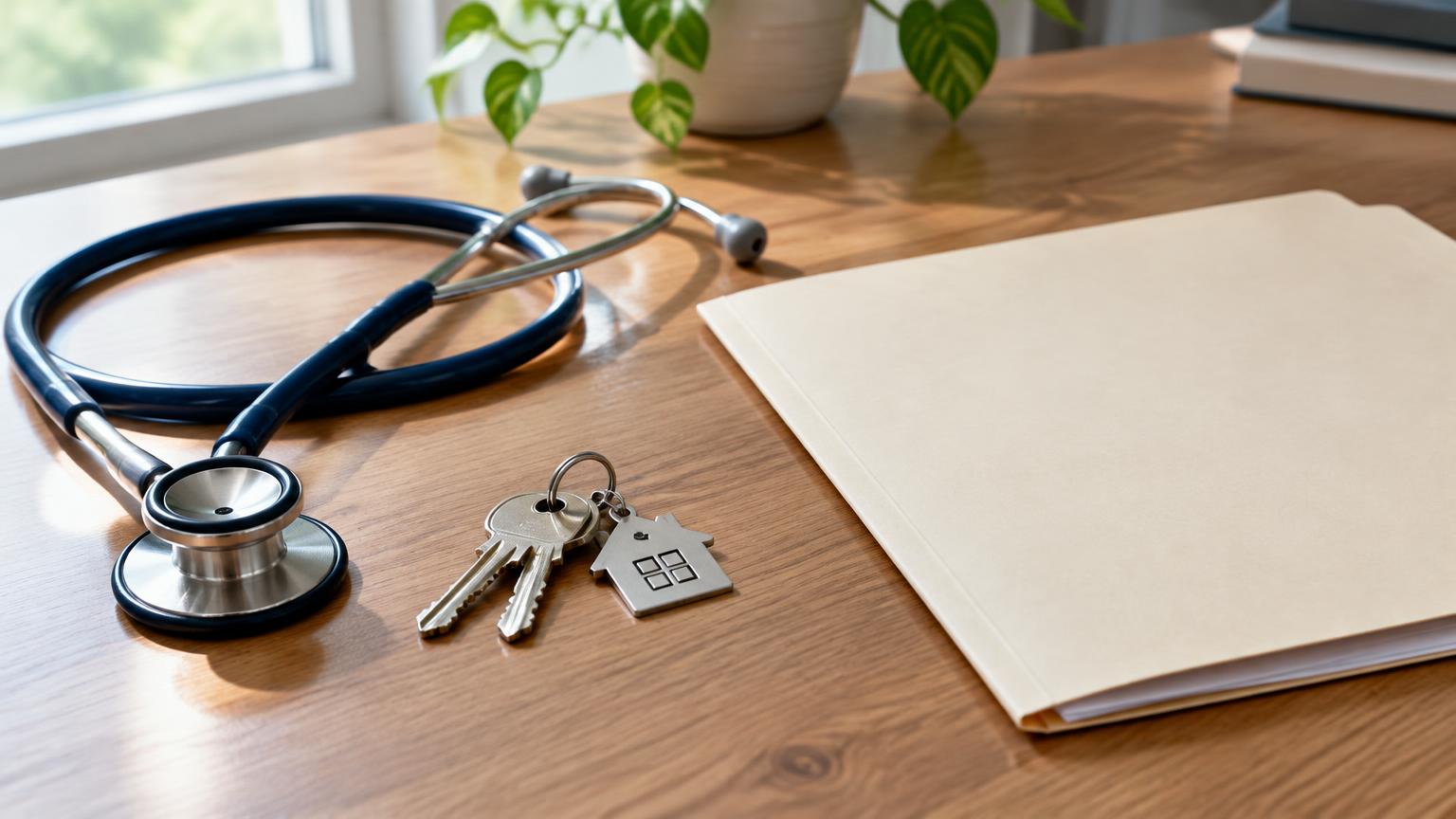 House keys and a stethoscope on a desk