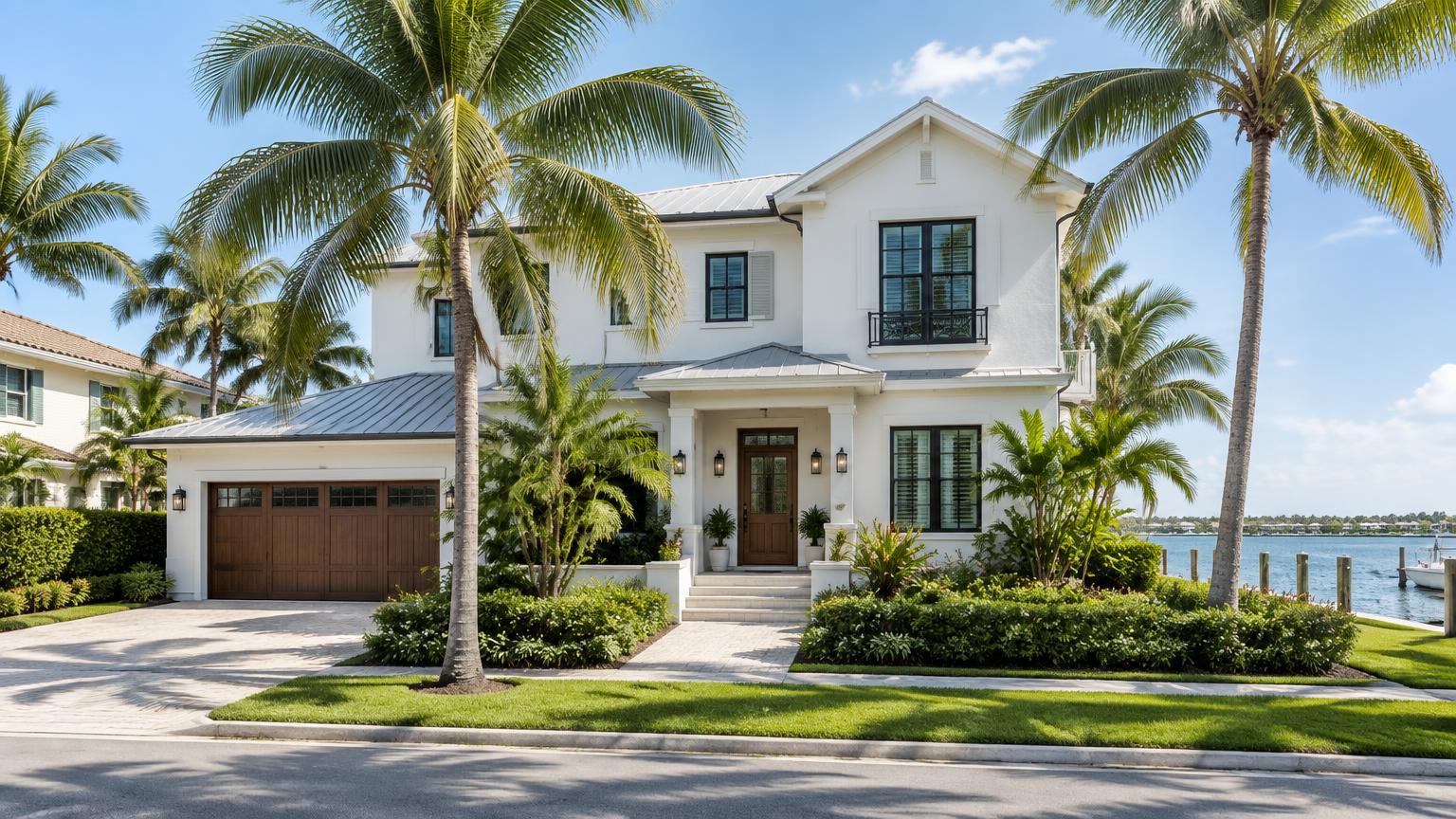 Coastal Florida home framed by palm trees