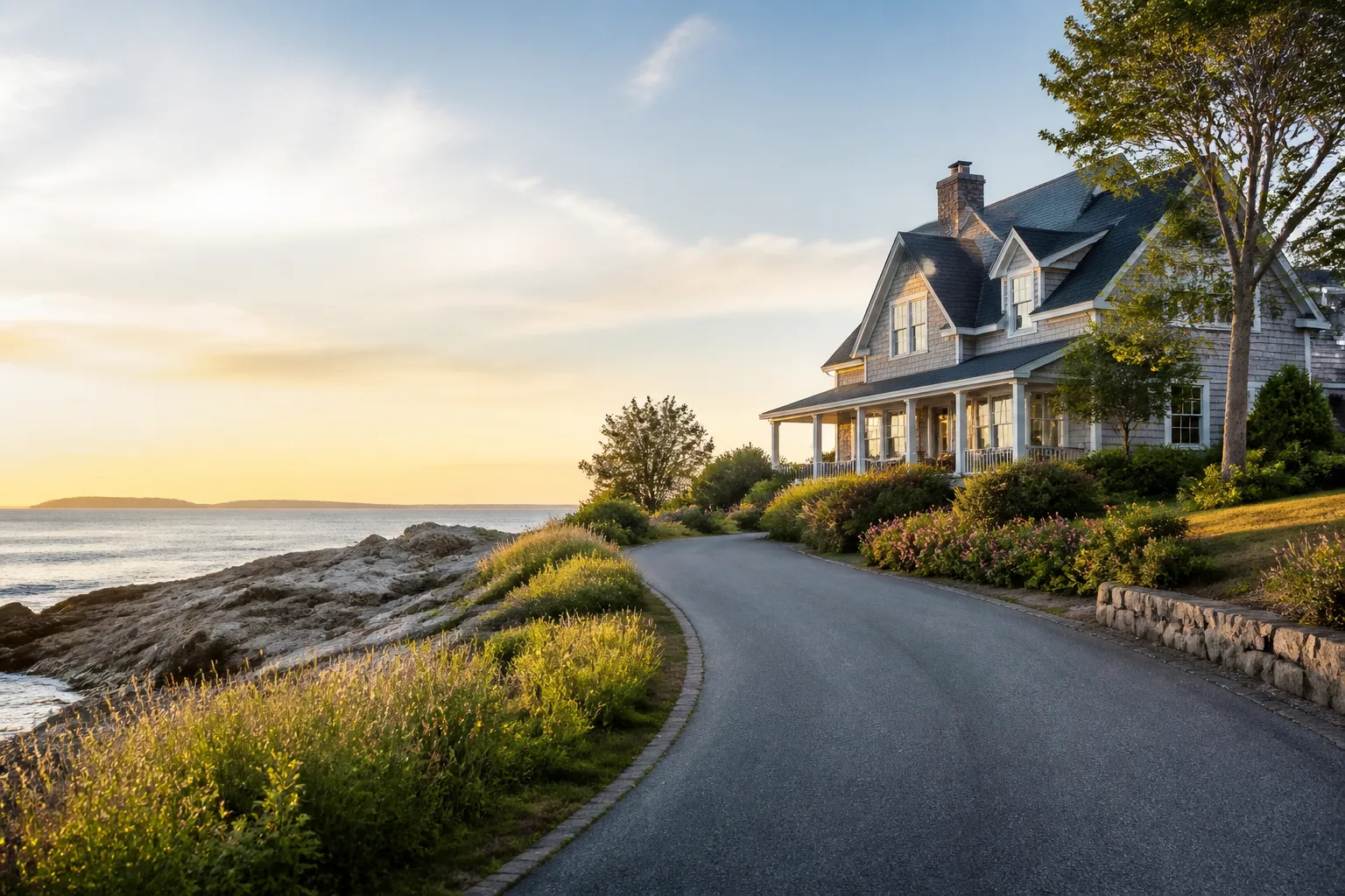 Gray shingled house with a wide front porch on a rocky stretch of coast at sunset