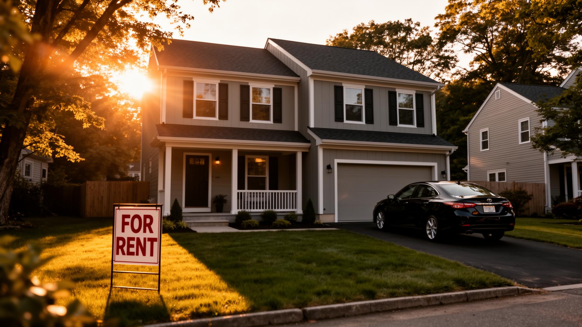 Two-story duplex rental property at sunset with a 'For Rent' sign in the front yard, representing a DSCR loan investment property.