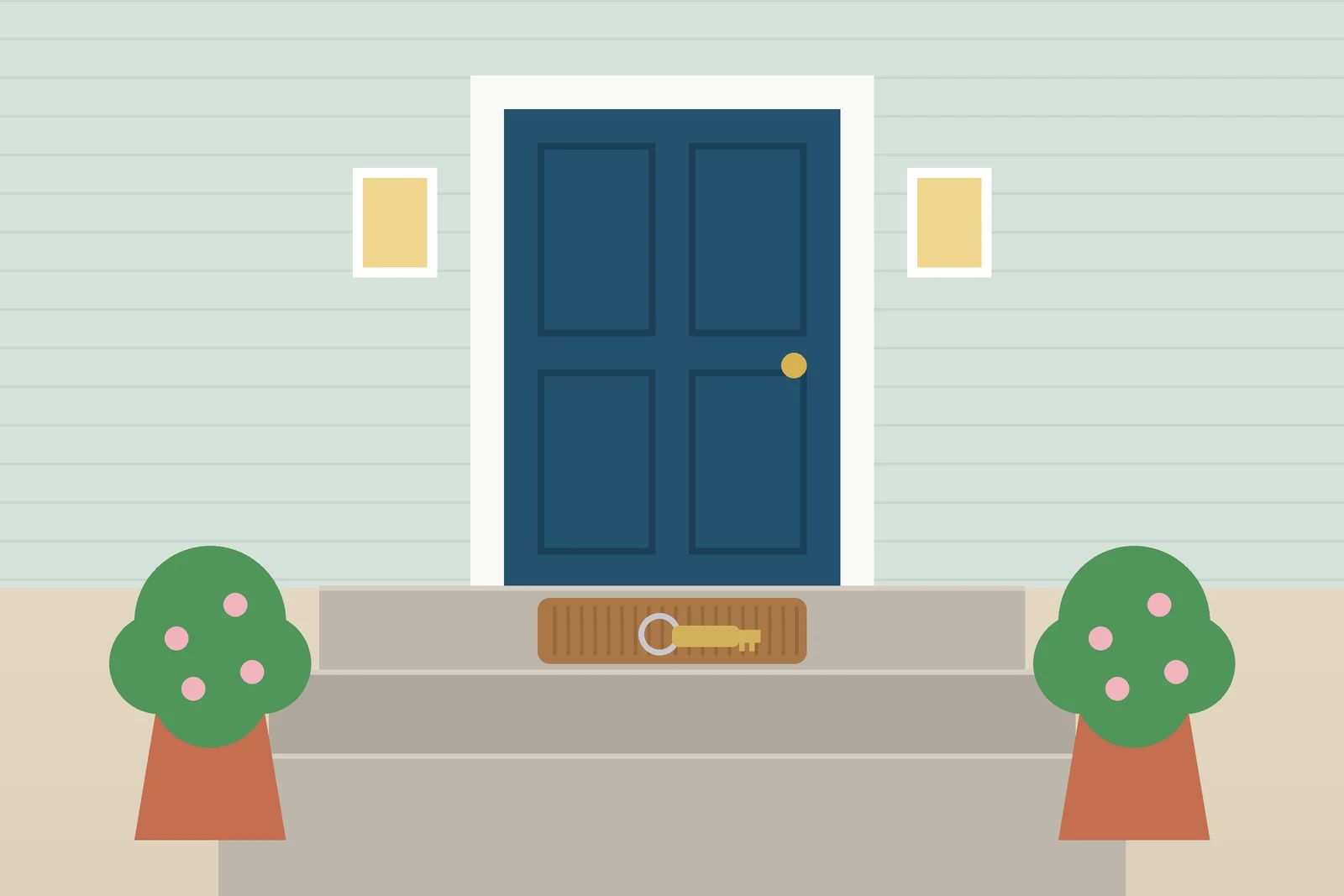 Front steps of a home with a blue door, a new doormat, and a set of keys