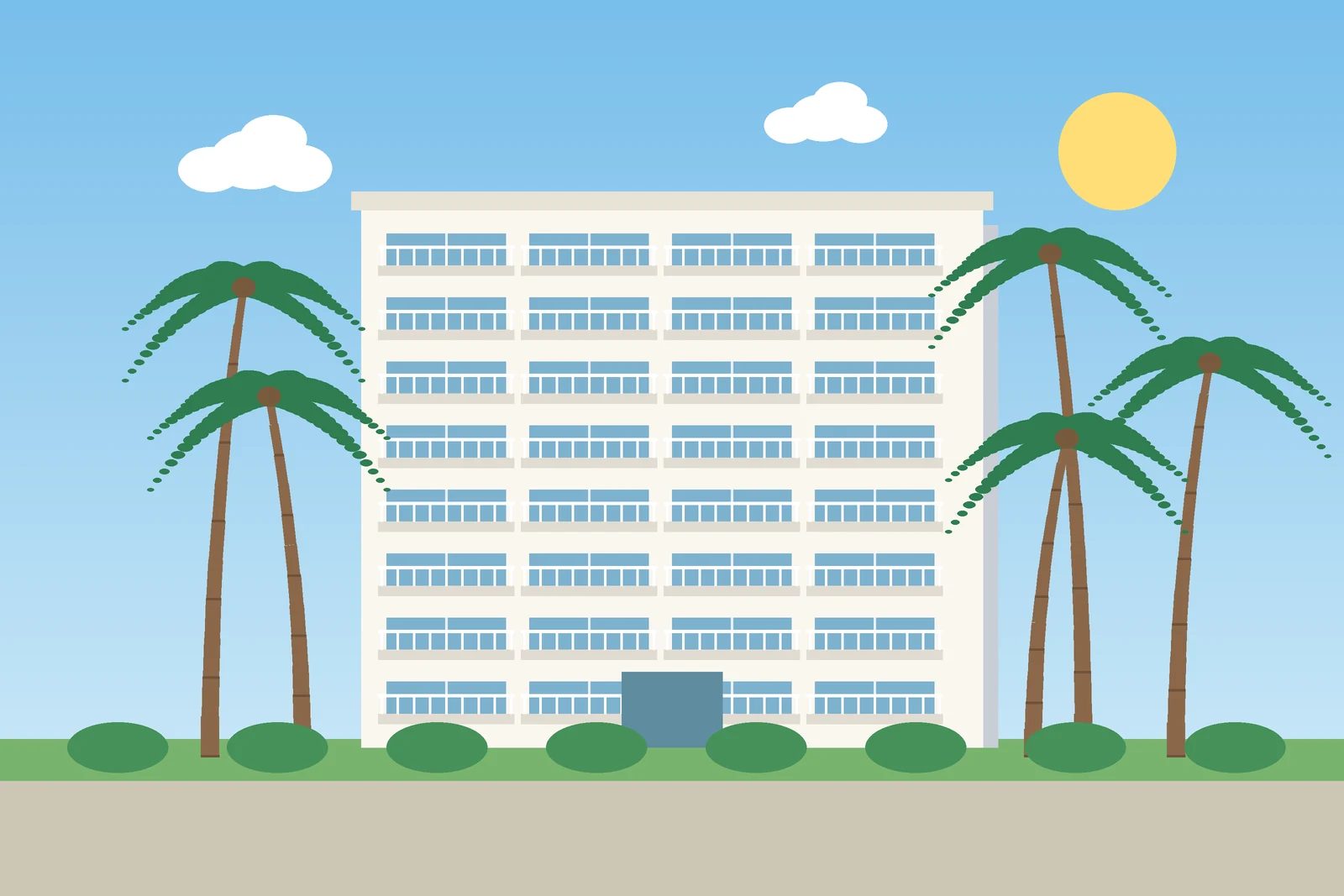 Mid rise Florida condo building with balconies and palm trees under a clear sky
