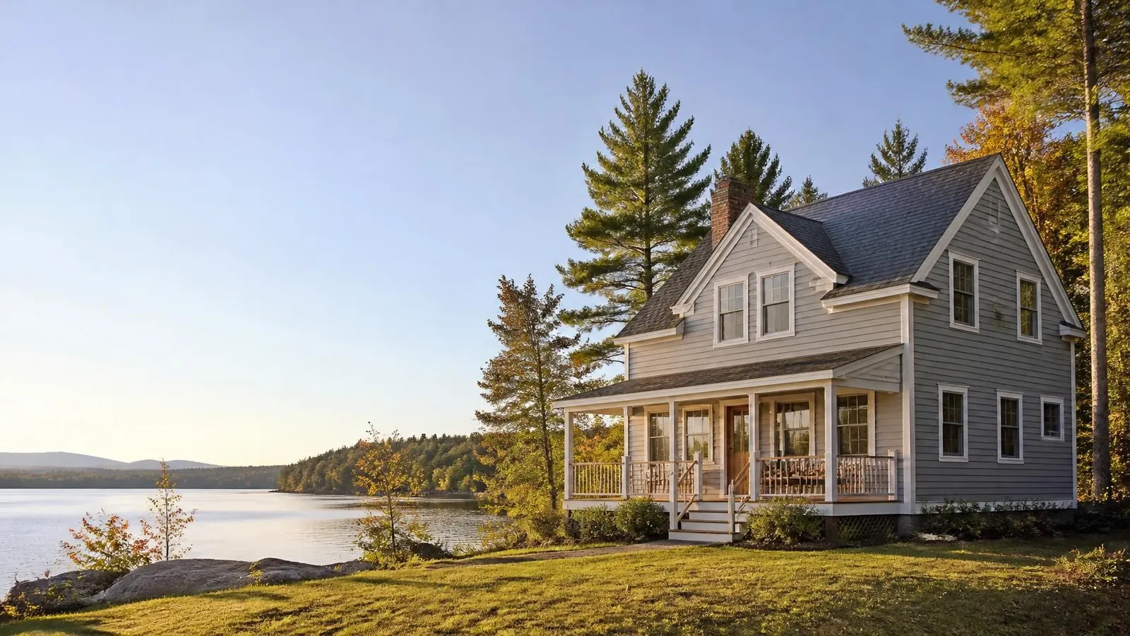 Stick built home with a covered porch beside a Maine lake