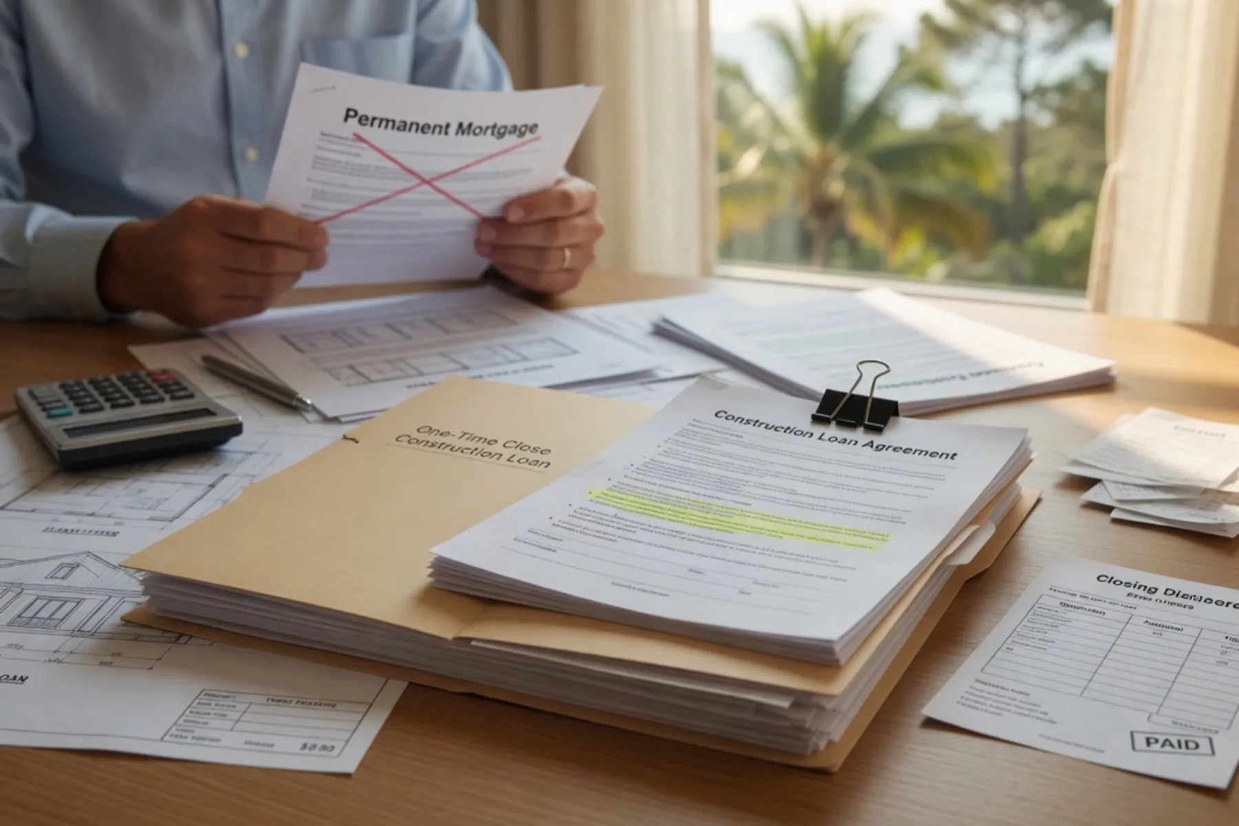 A person reviews construction loan documents at a wooden desk in natural light.