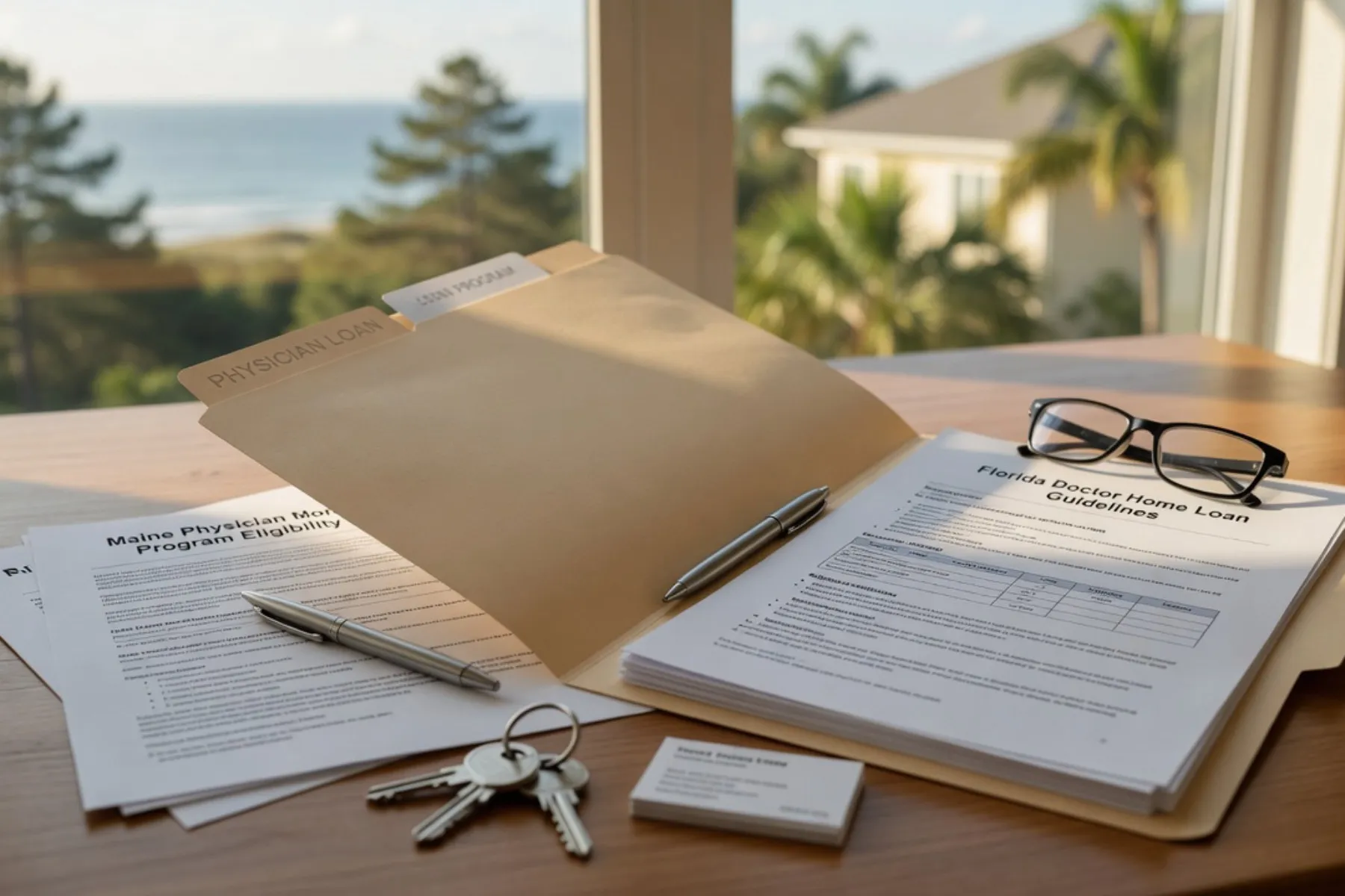 A doctor in professional attire reviews financial documents at a desk bathed in warm natural light.