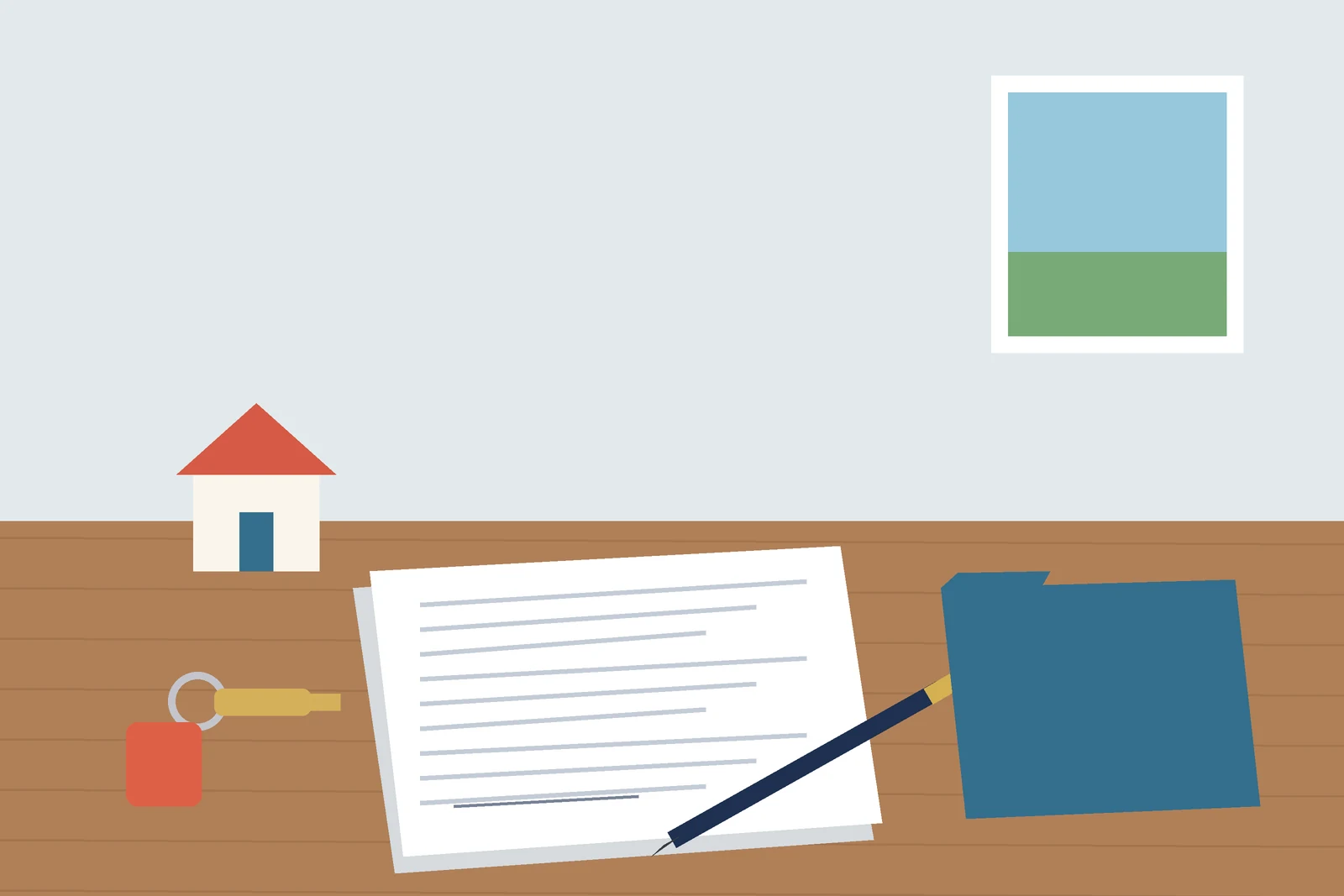 Closing documents, a pen, a folder, and house keys on a wooden table