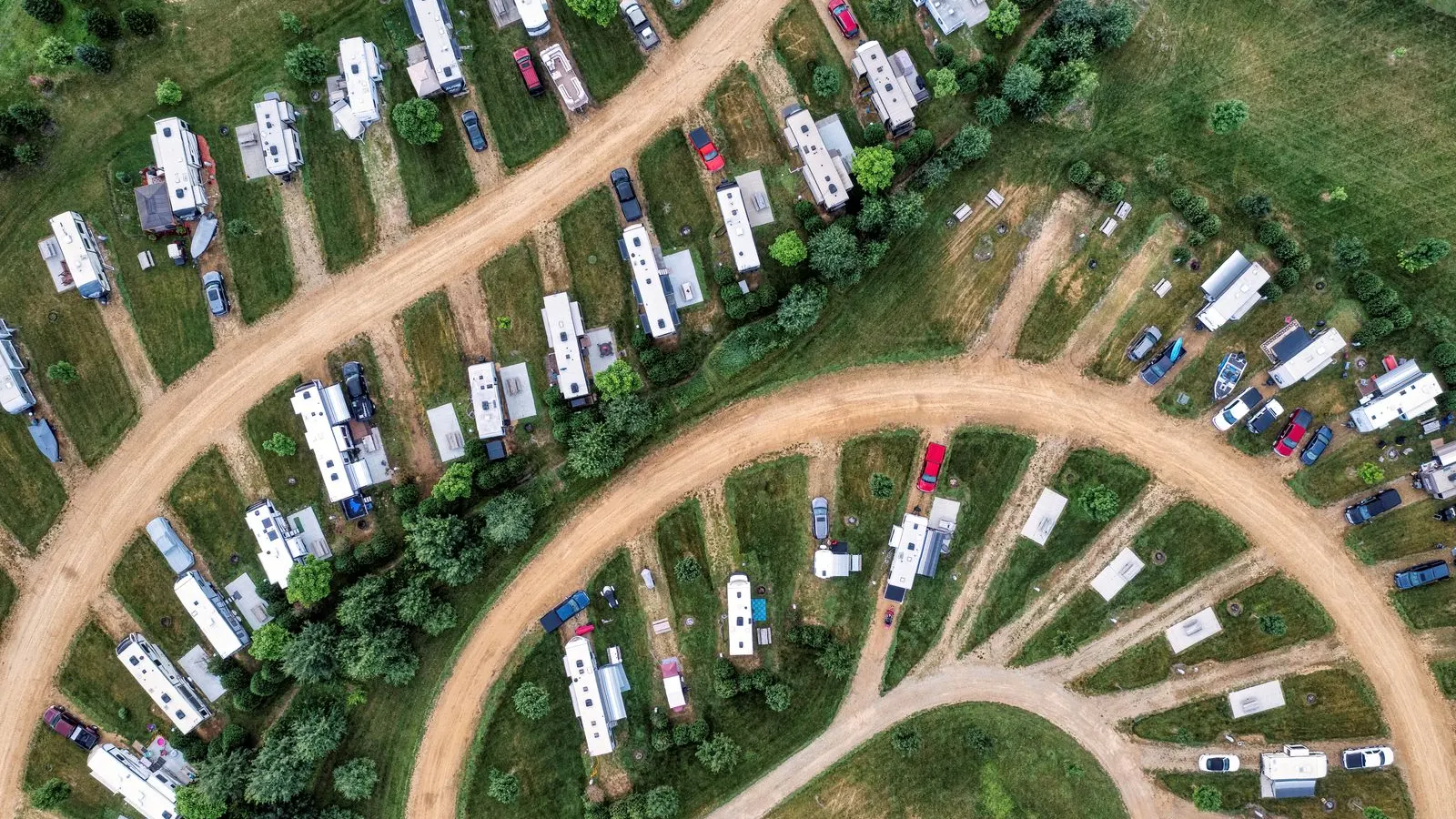 Manufactured homes along curving roads from above