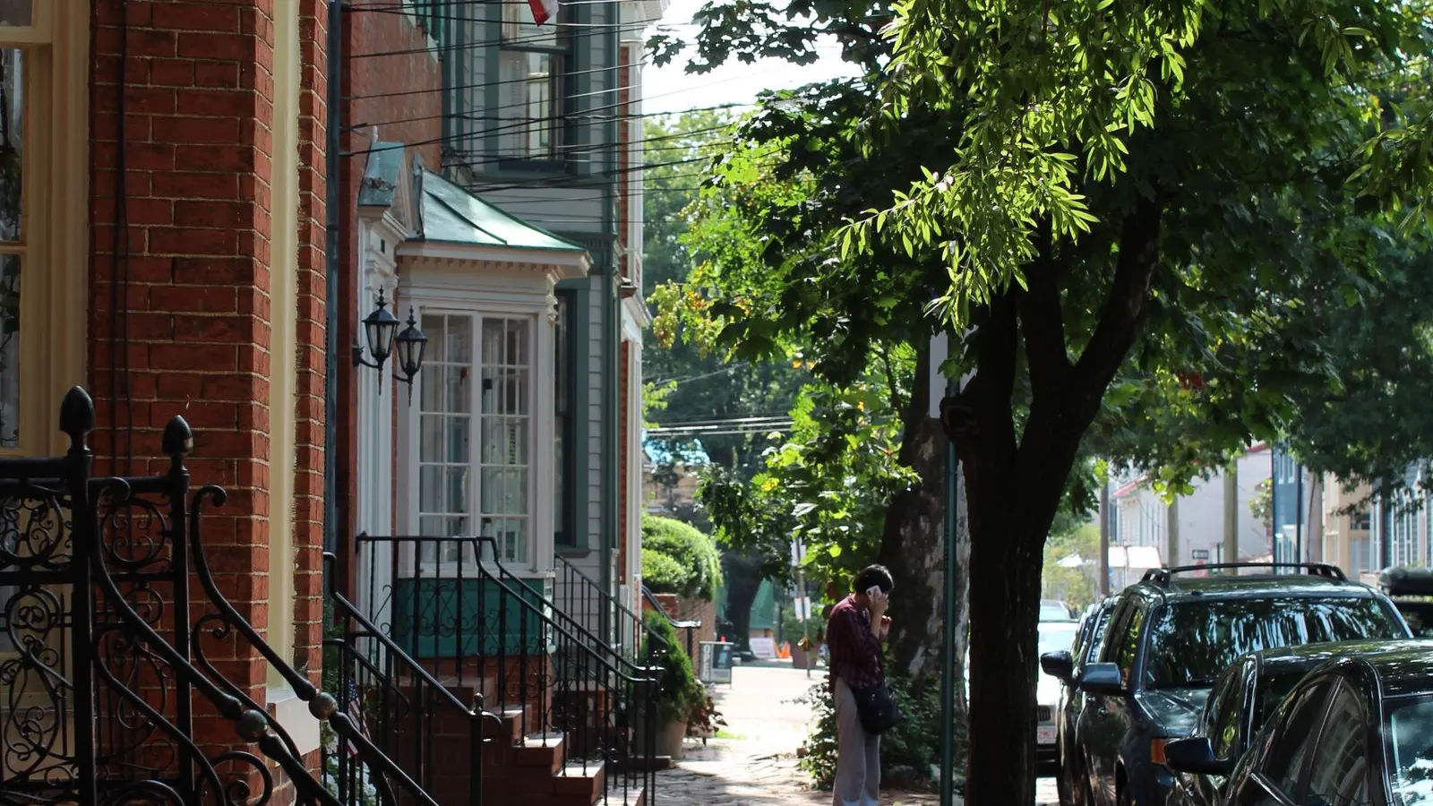 Brick rowhouses with flags in Annapolis, Maryland