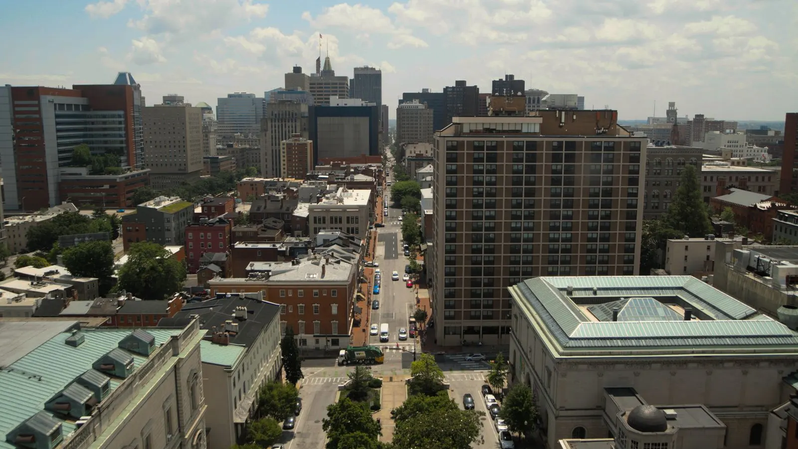 Baltimore rowhouse blocks and towers from above