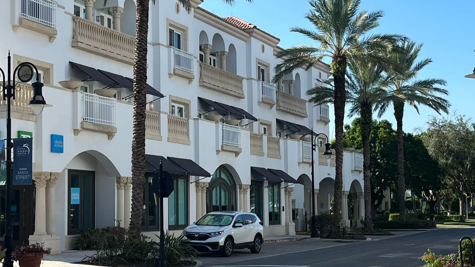 Palm lined street with shops in Naples, Florida