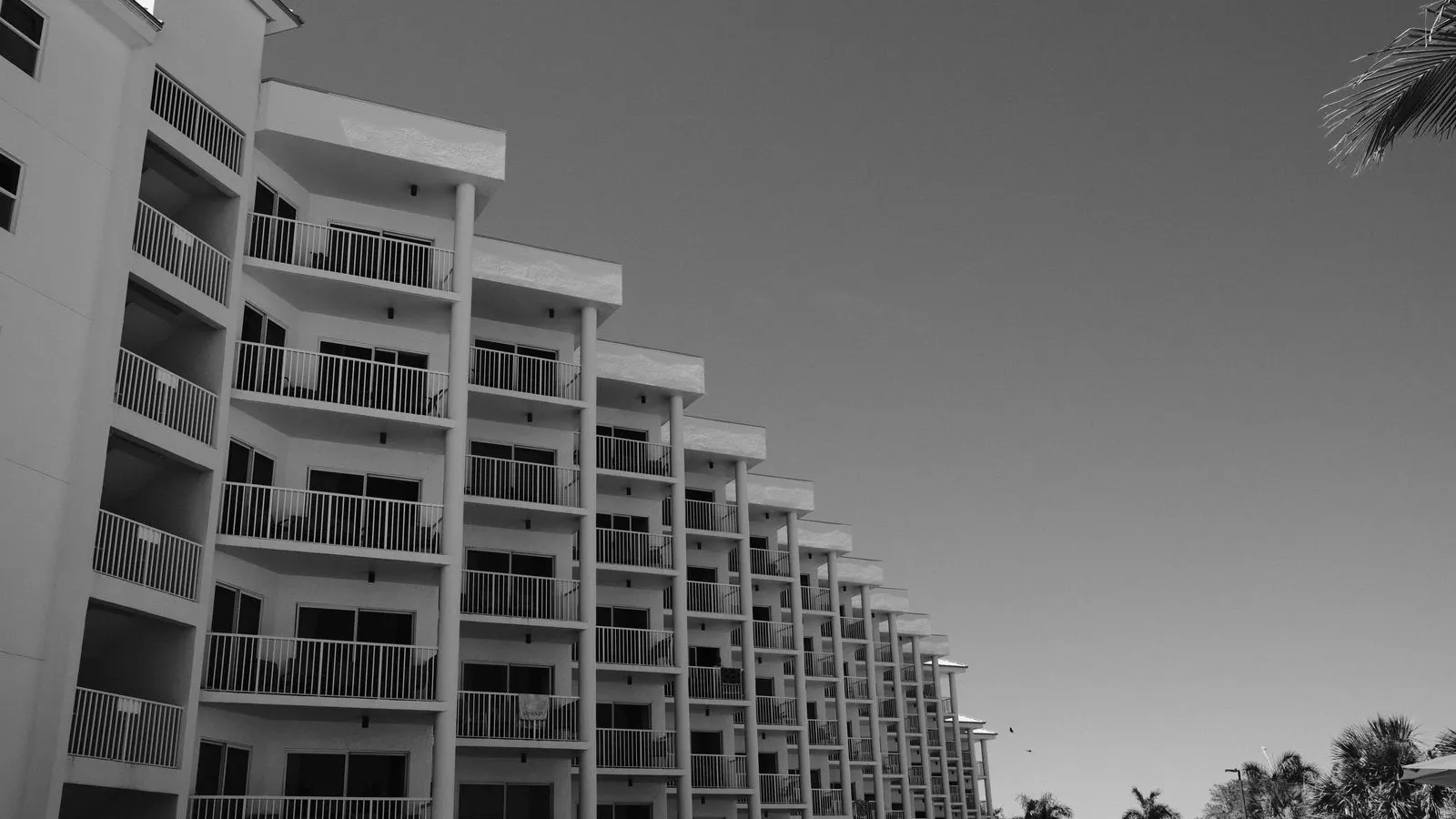 Rows of condo balconies in St. Petersburg in black and white