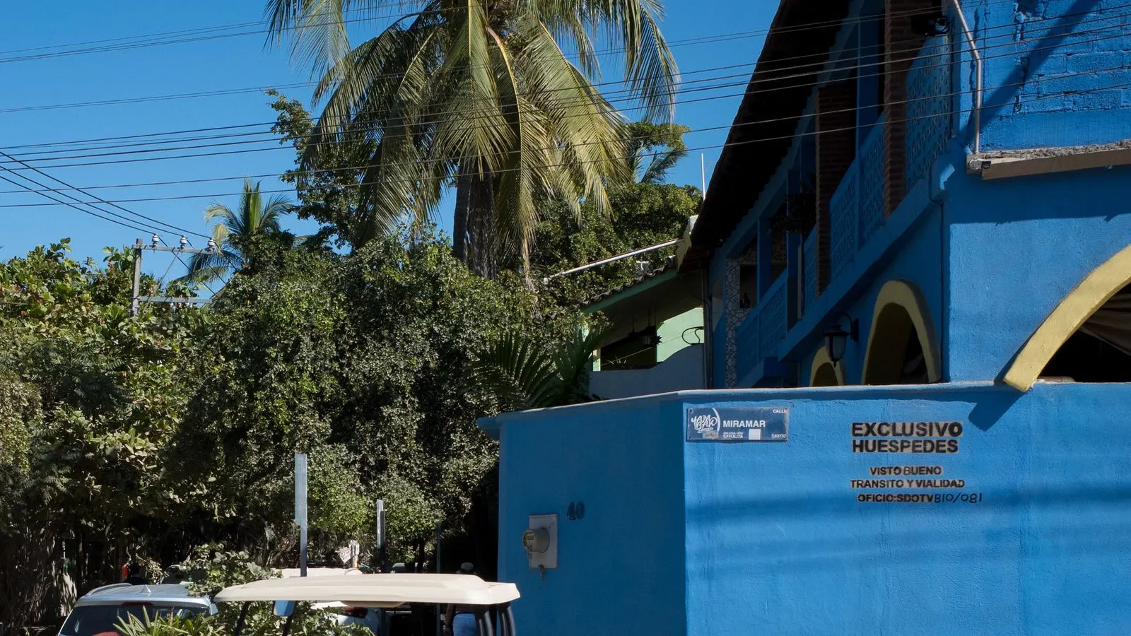 Golf cart parked by a bright blue building under palms