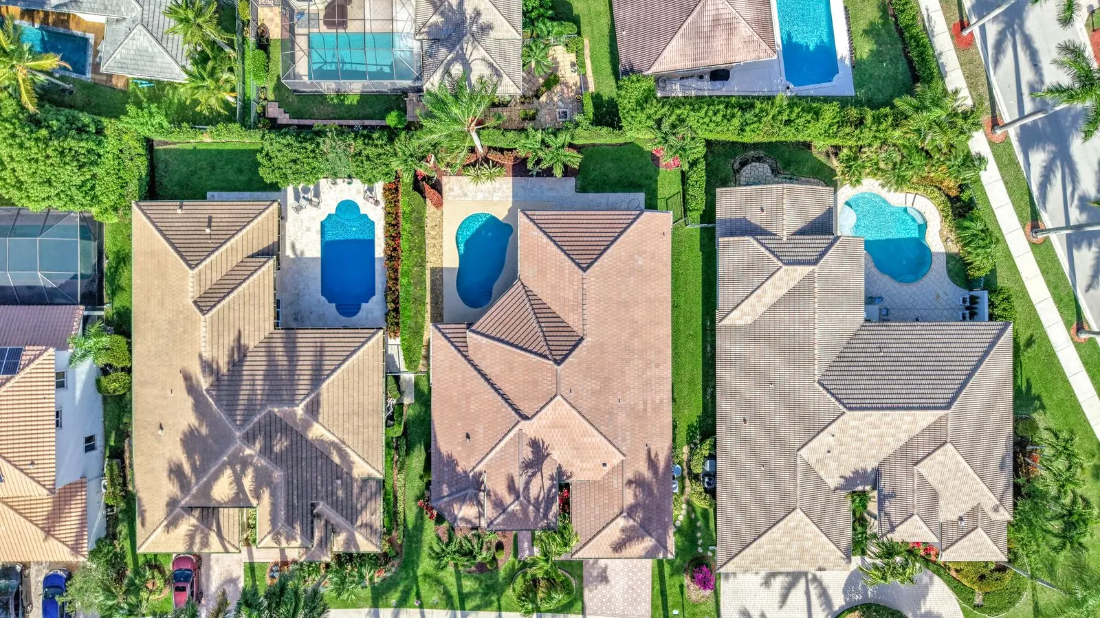 Large Florida homes with backyard pools from above