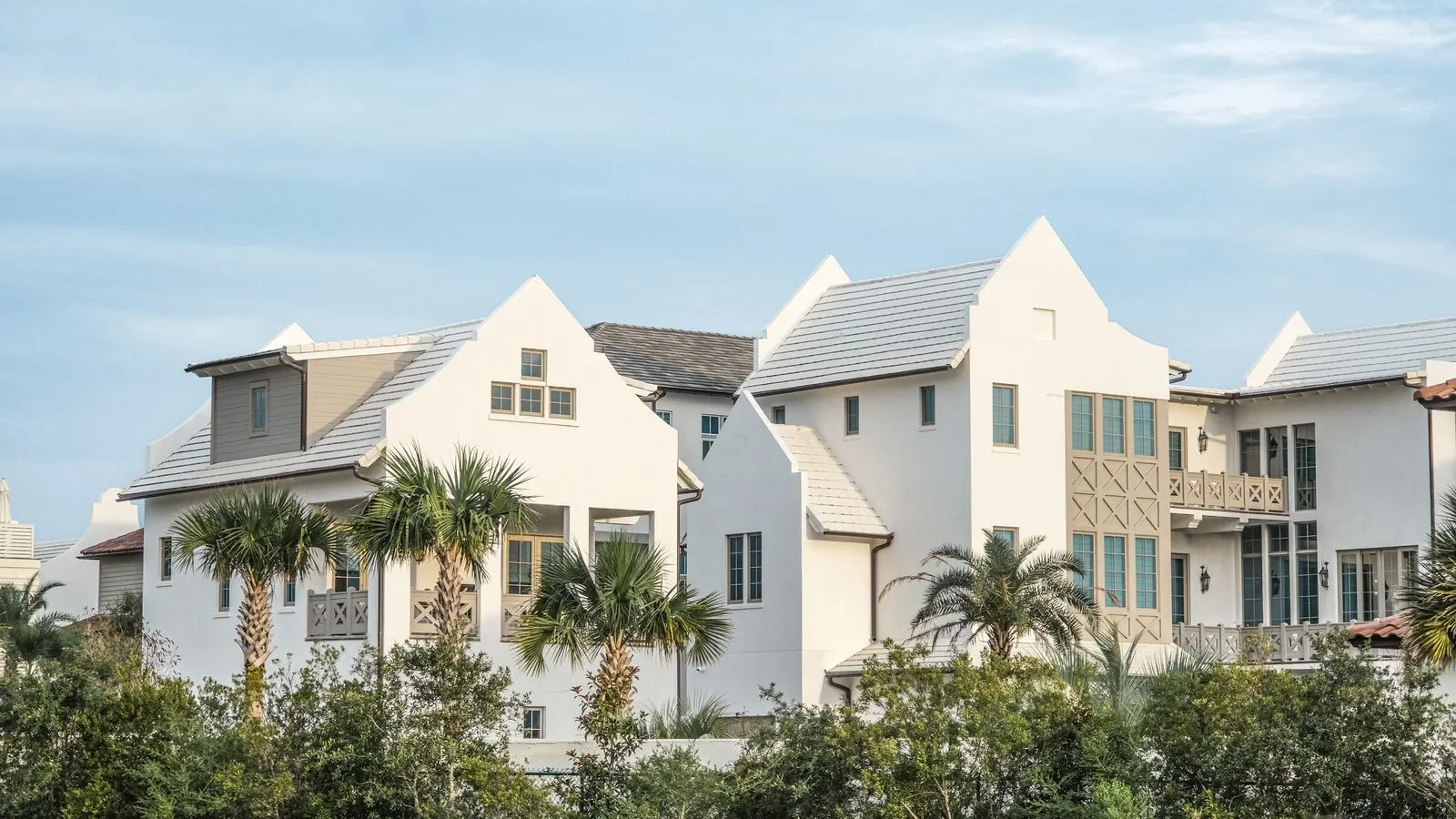 White coastal homes among palms on the Florida Panhandle