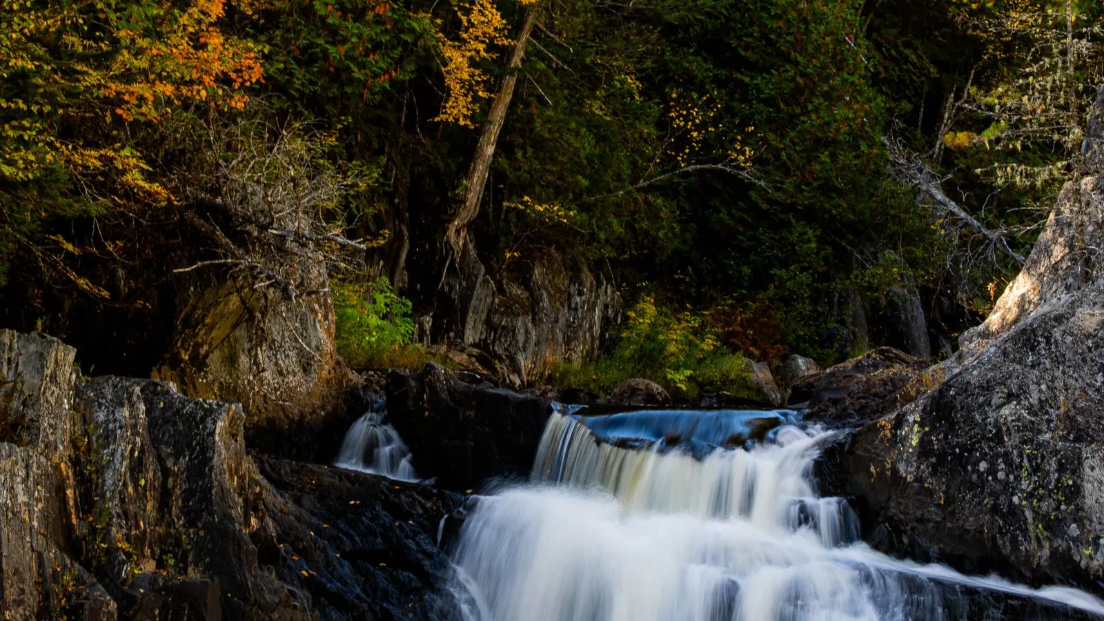 Waterfall through a Maine forest in autumn