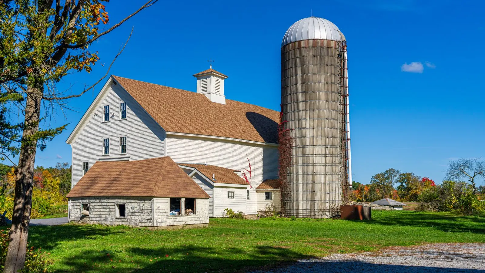 White New England farmhouse and silo in fall