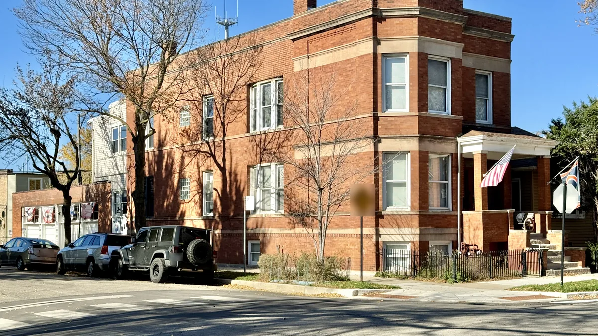 Brick two-flat on a corner in Bridgeport, Chicago, Illinois