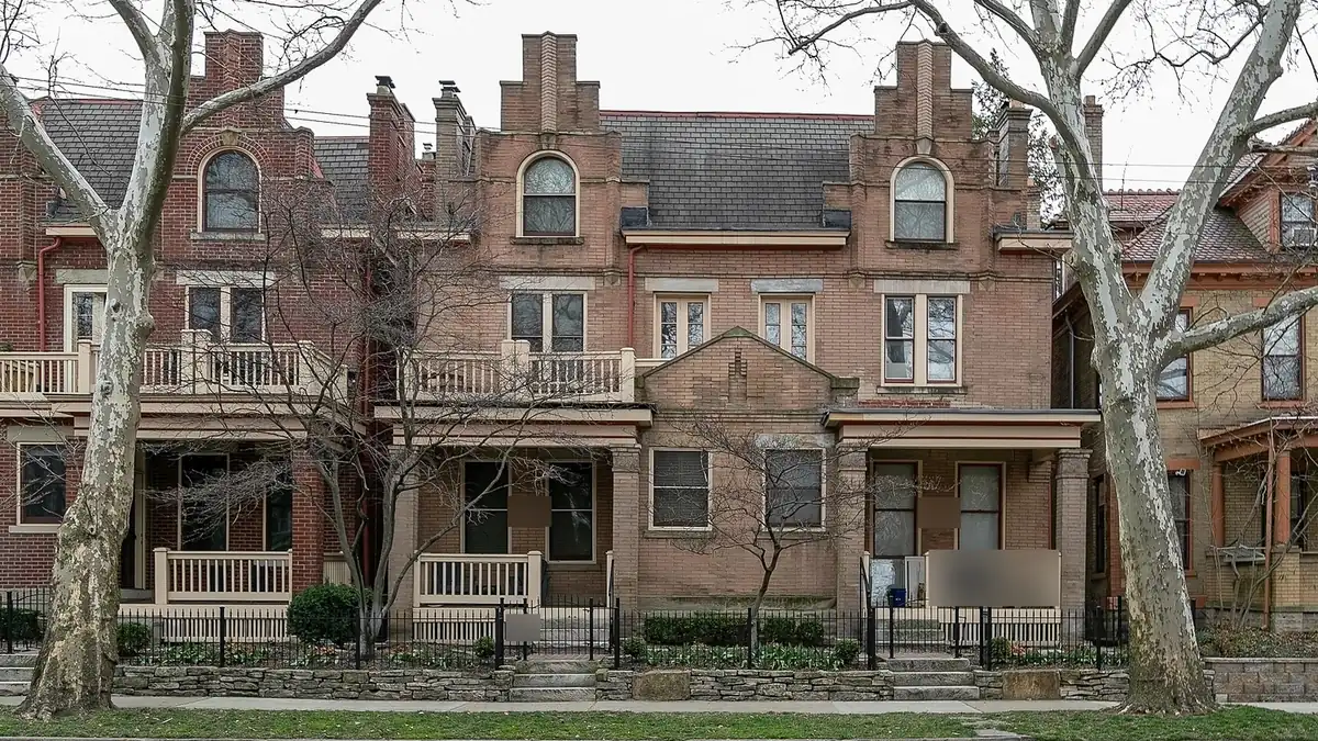 Brick duplex with two front porches in Columbus, Ohio